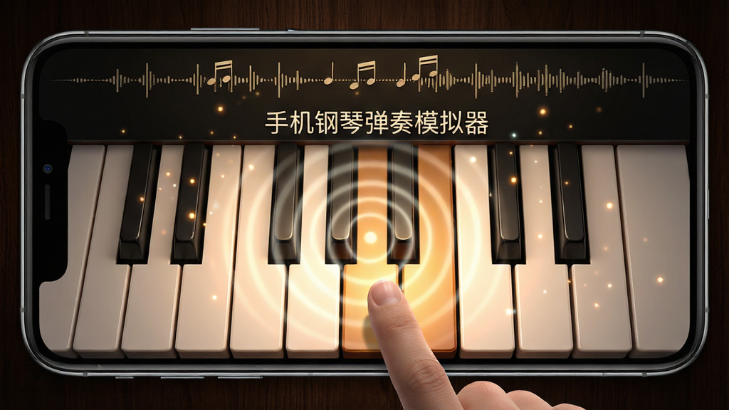 主体:手机屏幕特写,显示“手机钢琴弹奏模拟器”的钢琴键盘界面,一个手指按在琴键上,并发出声波涟漪特效。布局:手机横屏占满画面,键盘从底部延伸到中部,顶部显示音符波形。排版:居中构图,强调按键瞬间的细节。风格:写实风格与数字艺术结合,背景为深色木质纹理,营造舞台氛围。细节:琴键反射出暖色灯光,周围漂浮着细微的粒子光点,代表音律流动。画质:超高清渲染,干净,无多余元素。