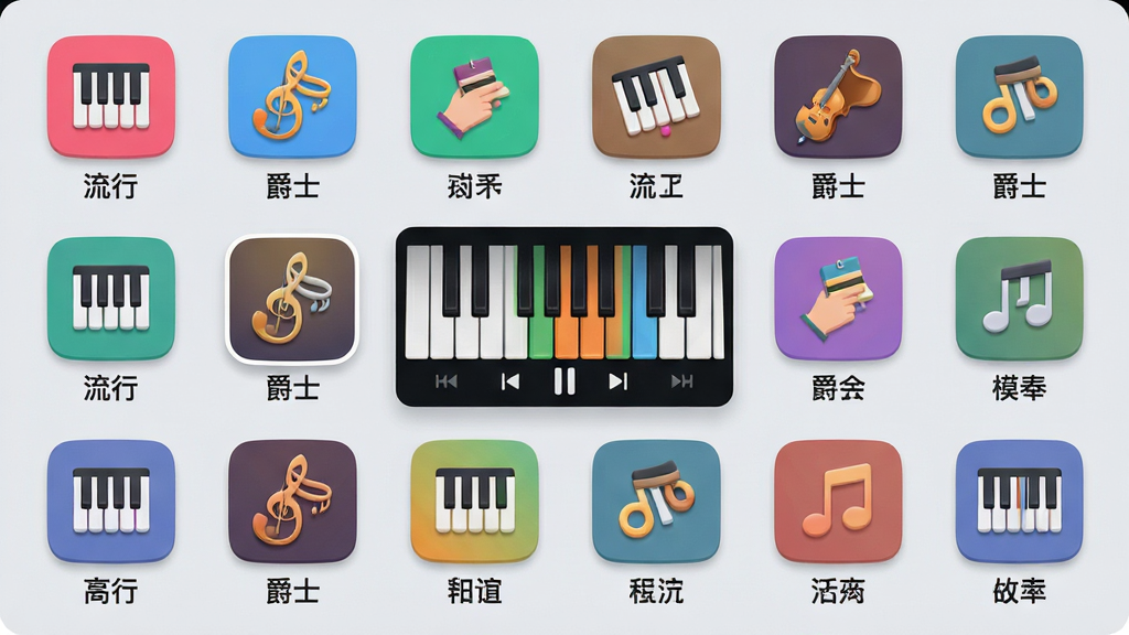 主体:手机钢琴弹奏模拟器界面上的和弦伴奏选择面板,显示多种节奏风格图标。布局:界面元素呈网格状排列,中央有一个正在播放的演示窗口。排版:明亮活泼的UI风格,图标色彩鲜明。风格:扁平化设计结合轻拟物元素,背景为柔和的浅灰色。细节:每个伴奏风格图标下方都有对应名称,如“流行”、“爵士”,其中一个图标被高亮选中。画质:清晰锐利,干净,无多余元素。