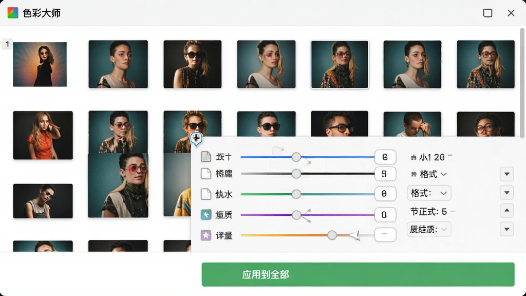 展示“色彩大师”批量处理界面,多张缩略图整齐排列在屏幕上方,其中一张被选中并显示调整参数,底部有“应用到全部”的绿色按钮,布局规整,风格清爽,细节包括文件尺寸和格式选择项,画质干净,无多余元素