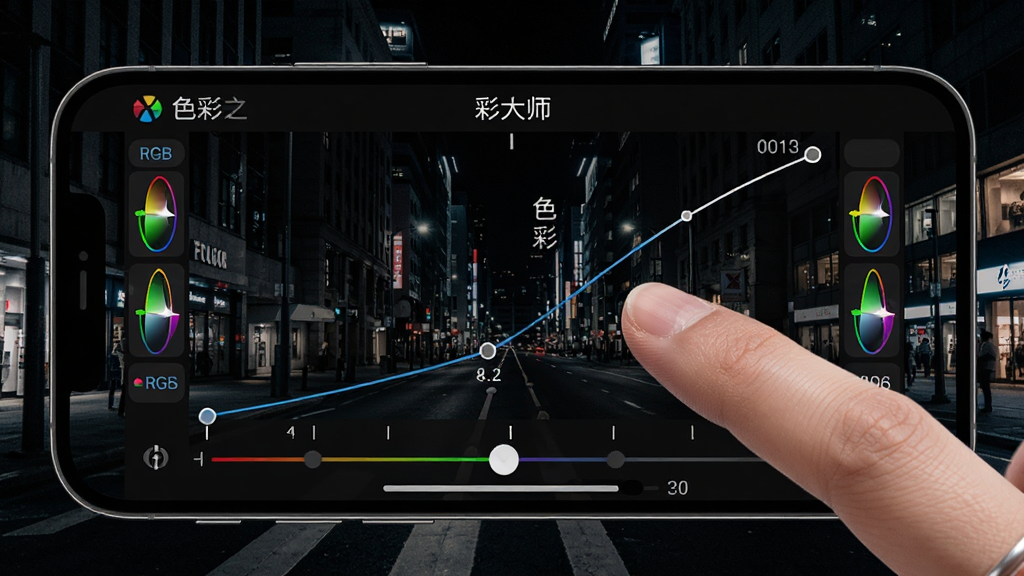 手机横屏显示“色彩大师”的曲线调整界面,背景为一张高对比度城市夜景照片,手指正拖动曲线锚点,屏幕边缘显示RGB通道快捷按钮,布局专业,风格写实,细节包括滑杆上的数值变化,画质高清,干净无多余元素