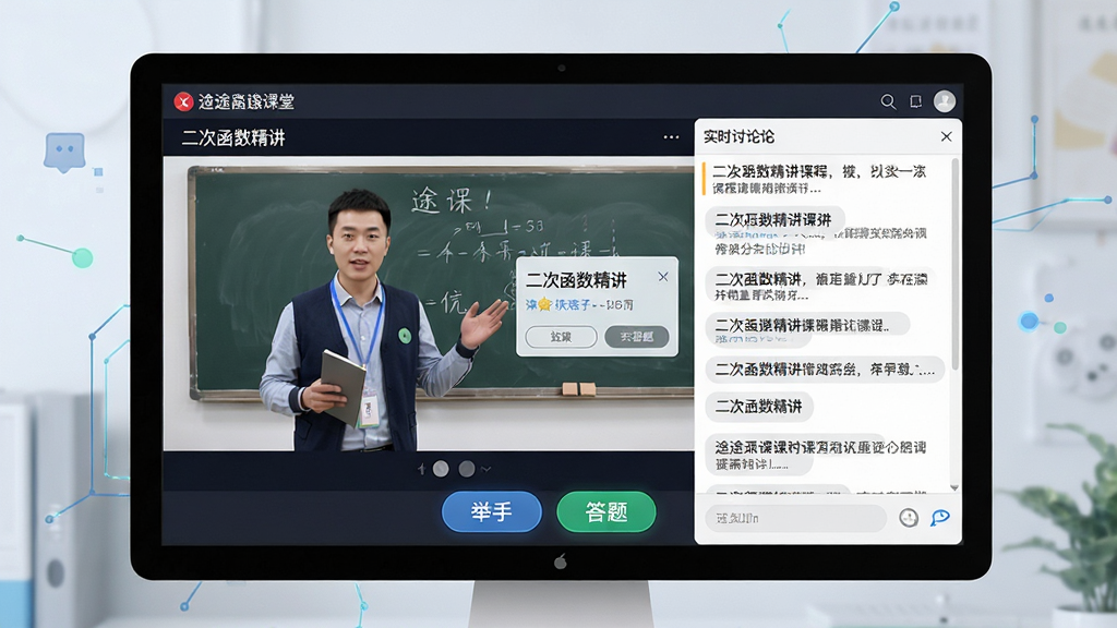 一张展示途途课堂直播互动场景的示意图,主体为电脑屏幕上的直播课堂界面,左侧是老师讲解画面,右侧为实时讨论区滚动文字,底部有“举手”“答题”按钮图标,布局清晰模拟真实上课状态,风格写实科技风,细节有课程标题“二次函数精讲”和互动弹窗,画质高清干净无多余元素