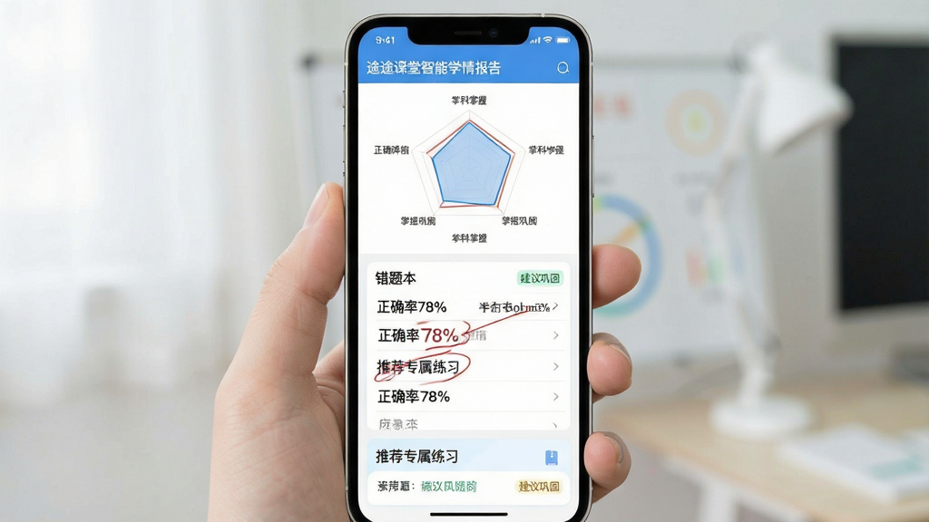 一张展示途途课堂智能学情报告的手机截图,主体为手机竖屏界面,上方显示雷达图展示各科掌握程度,中部为错题本列表带红笔批注痕迹,底部推荐专属练习卡片,布局简洁信息层级分明,风格清新数据可视化,细节有“正确率78%”“建议巩固”标签,画质清晰柔和无多余元素