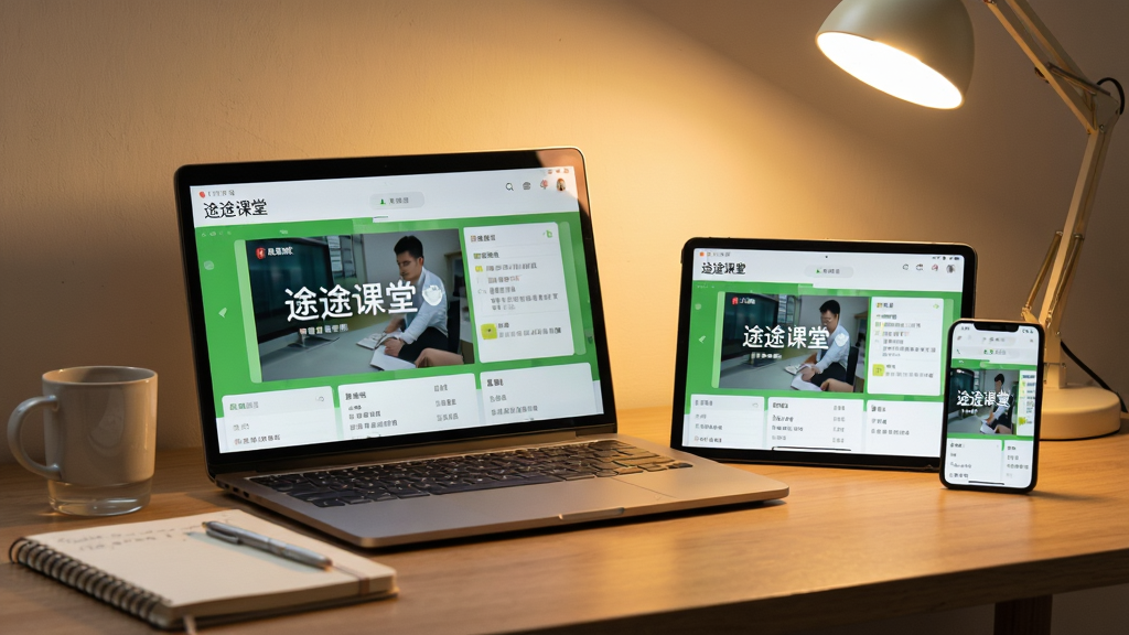 一张展示途途课堂多设备学习场景的图片,主体为书桌一角,摆放着笔记本电脑、平板和手机,三台设备均显示途途课堂课程画面,周围有笔记本、水杯和台灯,布局温馨学习氛围,风格写实摄影感,细节有屏幕反光与柔和光线,画质高清干净无多余元素