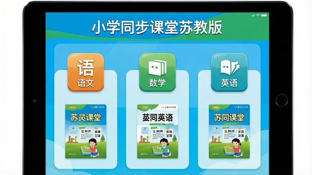 一张展示小学同步课堂苏教版软件在平板电脑上运行的主界面预览图,界面以明亮的蓝色和绿色为主色调,顶部显示“小学同步课堂苏教版”字样,下方整齐排列着语文、数学、英语三门主科的图标,每个图标下方配有相应教材封面缩略图,整体布局清晰简洁,画质干净,无多余元素。