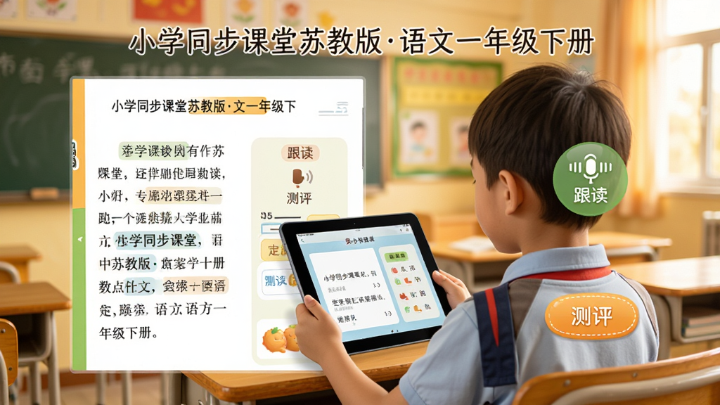 展示小学同步课堂苏教版中语文课文点读功能的界面截图,左侧是课本原文页面,右侧配有“跟读”、“测评”按钮,背景为暖色调的教室场景,画面中有一个小学生正拿着平板认真跟读,屏幕上方显示“小学同步课堂苏教版语文一年级下册”字样,整体风格温馨,画质清晰,无多余元素。