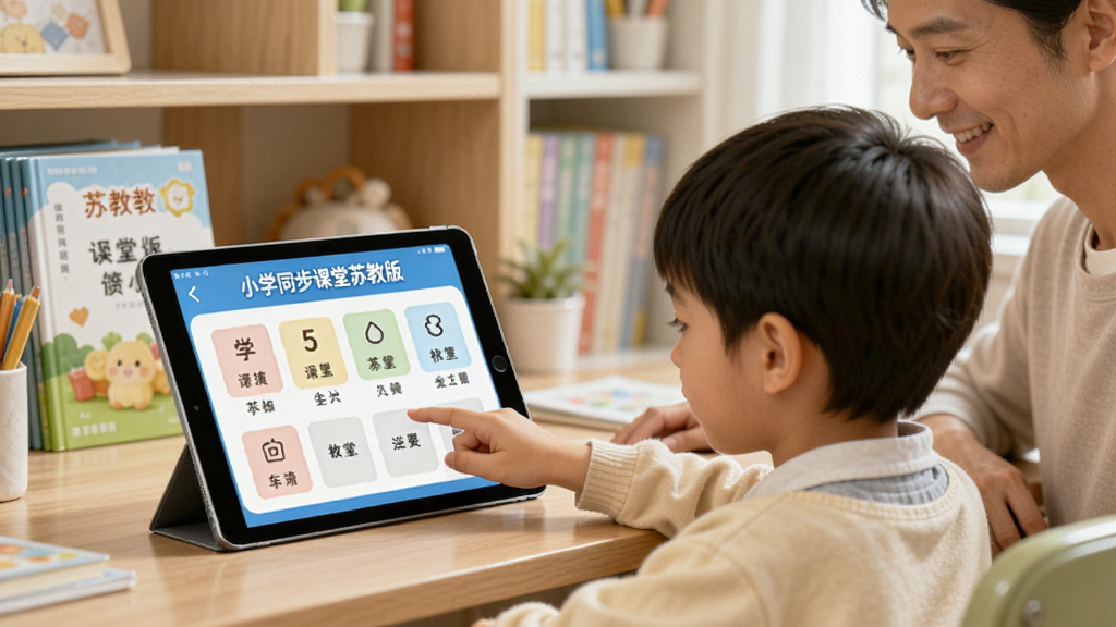 生成一张家长陪同孩子使用平板电脑学习小学同步课堂苏教版的场景图,画面中孩子用手指点击屏幕上的练习题,家长在一旁微笑观看,平板屏幕上显示“小学同步课堂苏教版”的课程列表,背景是温馨的家庭书房,书架上有苏教版教材,整体色调明亮柔和,画质细腻,干净无多余元素。