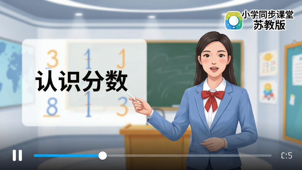 生成一张小学同步课堂苏教版微课视频播放界面的预览图,画面中央是正在讲课的老师形象,屏幕左侧显示课程标题“认识分数”,下方有进度条和暂停按钮,背景为简洁的演播室风格,右上角有“小学同步课堂苏教版”的Logo,整体色调明快,画质细腻,干净无杂物。