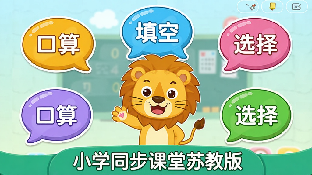 生成一张展示小学同步课堂苏教版趣味练习功能的界面图片,界面中有多个彩色气泡形状的题目图标,每个气泡上写有“口算”、“填空”、“选择”等字样,中央有一个卡通小狮子正在鼓励孩子,屏幕下方显示“小学同步课堂苏教版”的欢迎语,整体色彩鲜艳活泼,画质清晰,无多余元素。
