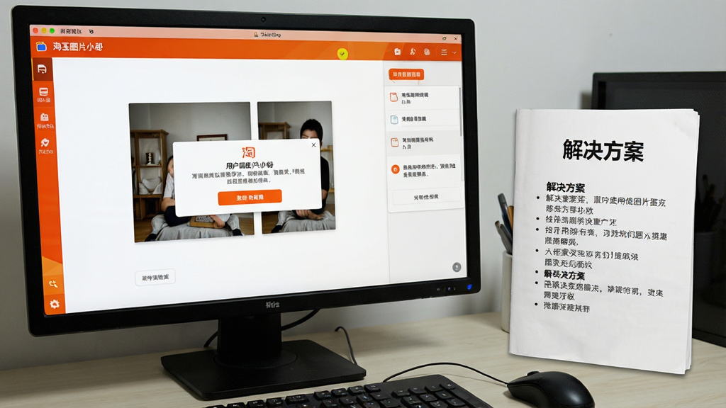 一幅展示用户使用淘宝图片小秘软件下载图片时遇到问题并解决的场景,屏幕上有错误弹窗和修复提示,旁边有“解决方案”手册,整体风格写实,背景为电脑桌面,画质干净,无多余元素。
