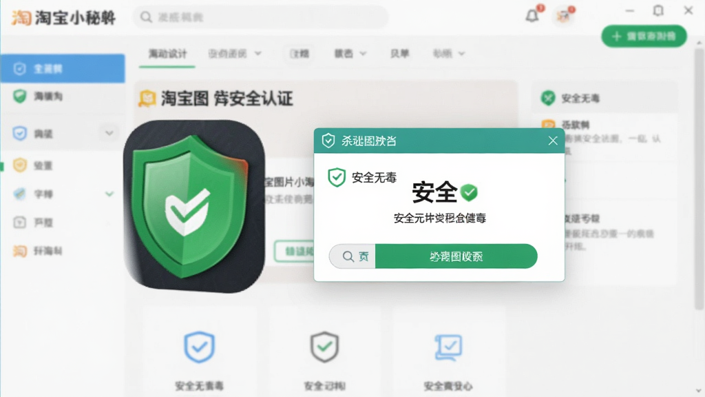 展示淘宝图片小秘软件安全认证的界面,杀毒软件弹窗显示“安全”字样,软件图标带有绿色盾牌,背景为软件主界面,整体风格简洁,色彩明亮,突出“安全无毒”主题,画质干净,无多余元素。