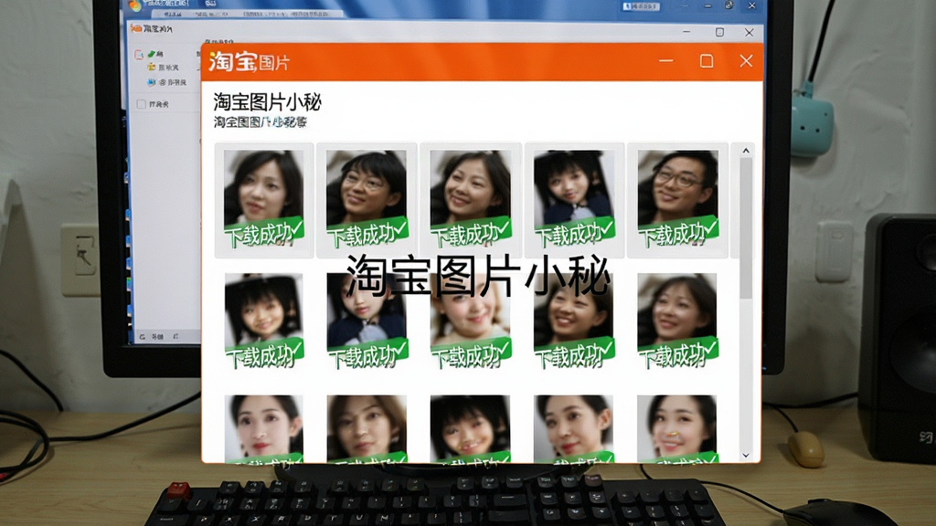 展示淘宝图片小秘软件正在批量下载图片的场景,界面中多个商品链接排队处理,图片缩略图快速刷新并标注“下载成功”绿色对勾,背景为电脑屏幕和键盘,软件窗口中央显示“淘宝图片小秘”字样,风格写实,画质清晰,无多余元素。