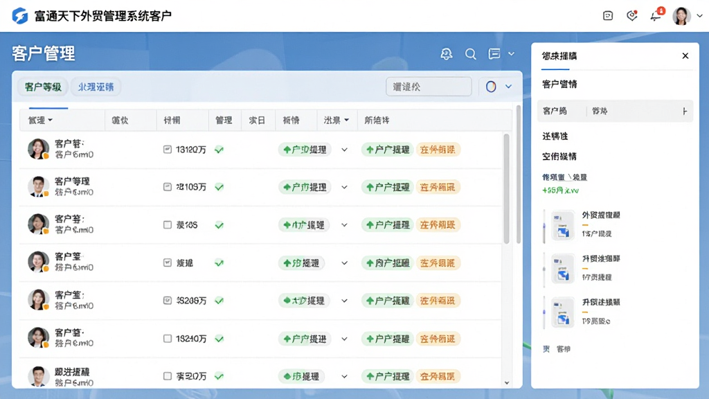 主体为富通天下外贸管理系统客户管理界面,展示客户列表和详情侧边栏,布局分区清晰,风格扁平化,细节包括客户等级标签和跟进提醒,画质清晰干净