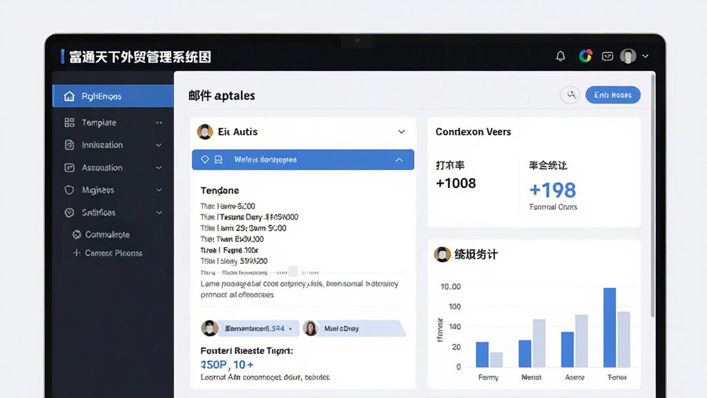 主体为富通天下外贸管理系统邮件营销页面,显示邮件模板和统计图表,布局左侧导航右侧预览,风格现代简约,细节包括打开率数据,画质高清无冗余