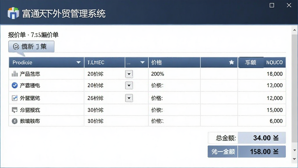 主体为富通天下外贸管理系统报价单编辑界面,显示产品明细和价格计算,布局表格形式,风格商务简洁,细节包括总金额和货币单位,画质清晰