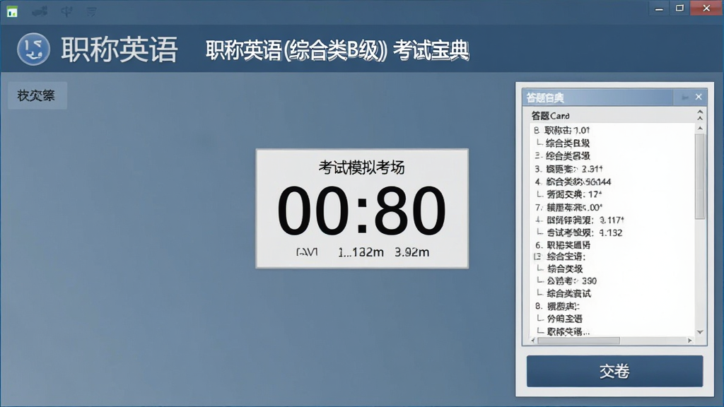 一张“职称英语 (综合类B级) 考试宝典”模拟考场的界面预览图,界面中央显示考试计时器,右侧为答题卡,下方有“交卷”按钮,整体风格类似真实机考系统,配色沉稳,信息层次分明,画质干净。