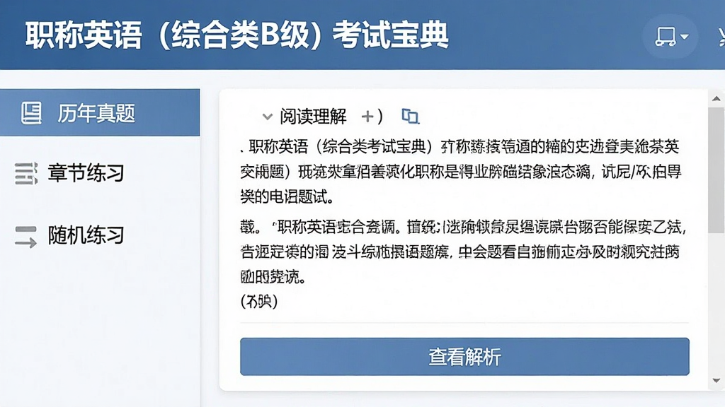 一张展现“职称英语 (综合类B级) 考试宝典”智能题库功能的界面截图,左侧显示“历年真题”、“章节练习”、“随机练习”等分类,右侧为一道阅读理解题目,下方有“查看解析”按钮,界面清晰,布局合理,风格专业,画质干净。
