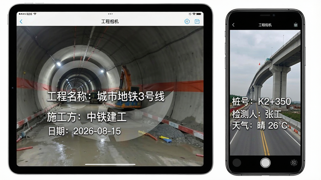主体为一台平板电脑与一部手机并排放置,屏幕中展示“工程相机”生成的两张带有不同样式水印的工程照片,一张水印包含“工程名称:城市地铁3号线”、“施工方:中铁建工”、“日期:2026-08-15”,另一张包含“桩号:K2+350”、“检测人:张工”、“天气:晴 26℃”,照片背景为地下隧道和道路桥梁的施工现场,布局为左右对比排版,风格清晰直观,细节展示水印文字的字体、大小与排版差异,画质干净明亮,无多余元素,图片中文字清晰可读。