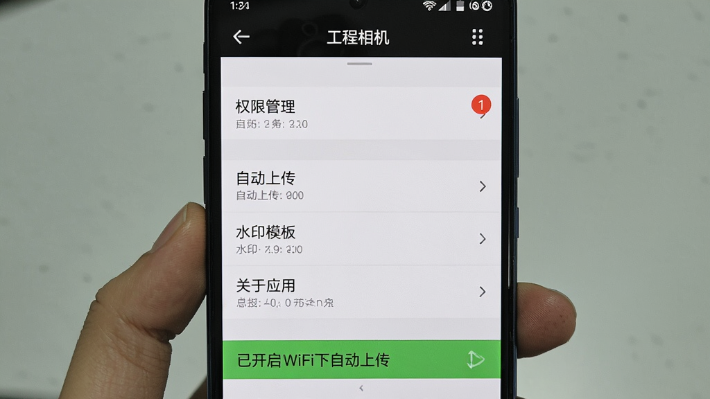 主体为一部智能手机竖屏截图,截图显示“工程相机”的设置界面,屏幕上有“权限管理”、“自动上传”、“水印模板”、“关于应用”等选项,其中“权限管理”右侧有红色数字角标,屏幕下方有“已开启WiFi下自动上传”的绿色提示条,布局为居中界面截图风格,清晰展示每个设置项,画质干净,无多余元素,图片中文字需包含“工程相机”及设置选项名称。