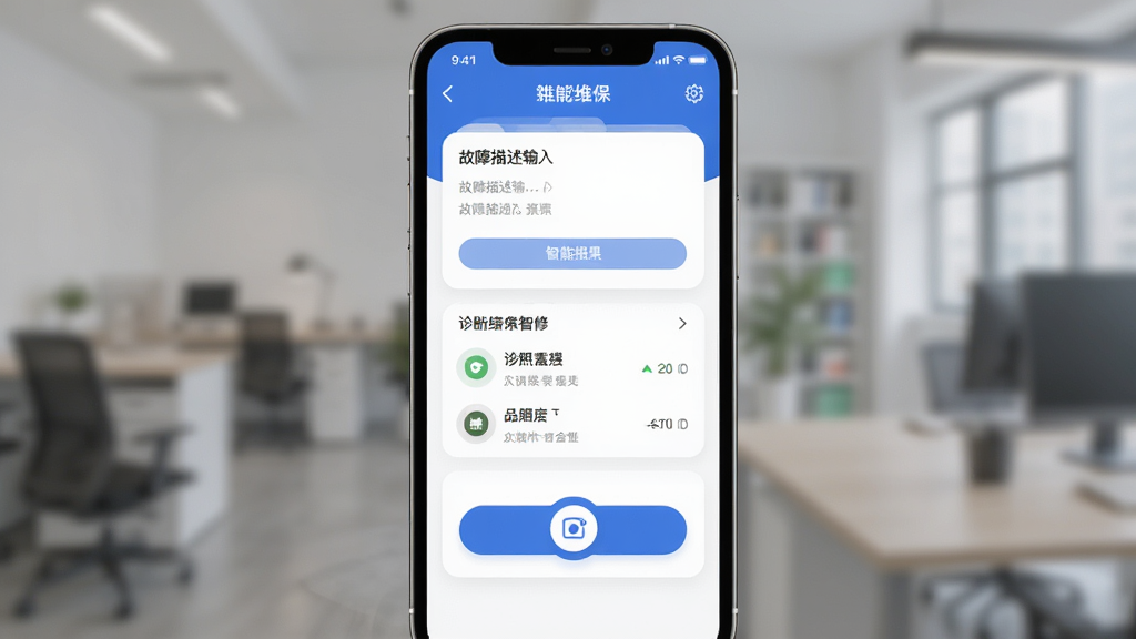 蚂蚁维保智能报修界面示意图,主体为手机端故障描述输入框与拍照按钮,布局采用居中卡片式,排版简洁,风格现代,细节展示诊断结果列表,画质干净无多余元素