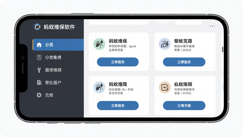 蚂蚁维保软件界面预览图,主体为智能手机屏幕展示维修服务列表,布局采用左右分栏设计,左侧分类导航右侧服务卡片,风格扁平化,细节包含图标和按钮,画质清晰,干净无多余元素