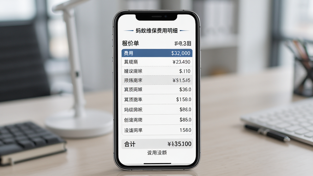 蚂蚁维保费用明细展示图,主体为手机屏幕上的报价单列表,布局为表格形式,排版规整,风格商务简洁,细节显示各项费用与合计金额,画质高清,无多余元素