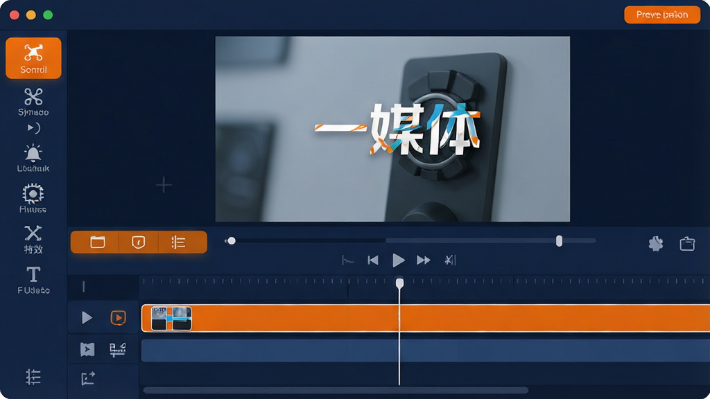 一张展示一媒体软件主界面的高清截图,界面布局清晰,上方为预览窗口,下方为时间线轨道,左侧工具栏包含剪辑、滤镜、特效、文字等图标,整体风格现代简洁,以深蓝色为主色调,辅以明亮的橙色功能按钮,画面干净无多余元素,文字标注“一媒体”logo,画质细腻,光线柔和。