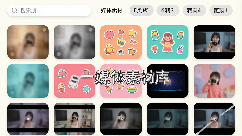 一媒体素材库页面预览图,以网格形式展示各类滤镜、贴纸、转场效果缩略图,顶部设有搜索栏与分类标签,界面采用明亮浅色背景,卡片圆润,色彩丰富且排列整齐,画质清晰,整体风格活泼清爽,文字标注“一媒体素材库”。