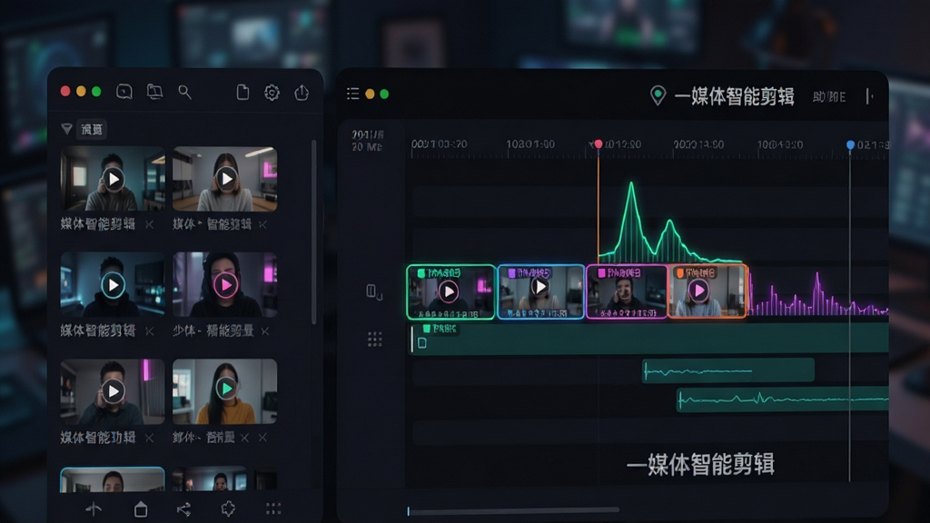 一媒体智能剪辑功能界面预览图,左侧显示视频素材库,右侧为自动生成的剪辑时间线,带有智能标记的精彩片段高亮显示,界面采用深色主题,配合霓虹色波形图,背景虚化处理,整体布局专业且富有科技感,画面干净无多余元素,画质清晰,文字标注“一媒体智能剪辑”。