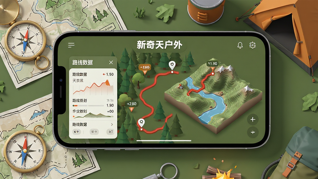 ���壺�ֻ�������ʾ�����컧��APP��·�߹滮���棬��Ļ����һ�����ѵĺ�ɫ·�ߴ�Խɭ������������֣��ֻ����У���Χɢ����ָ���롢�ֻ��ͼ��¶Ӫװ����Ӫ�컧���Χ���Ű棺�������Ϊ·��������壬�Ҳ�Ϊ��ά����ͼ�������С������컧�⡱��������񣺱�ƽ���������ϣ�ɫ���Ծ��̺ͳ�ɫΪ�����Ա�������ϸ�ڣ�·�߽ڵ������̱�ǣ�����ͼ�еȸ����������������������ɶ������ʣ�������Ⱦ���ʸ�ϸ�壬����ɾ����޶���Ԫ�ء�