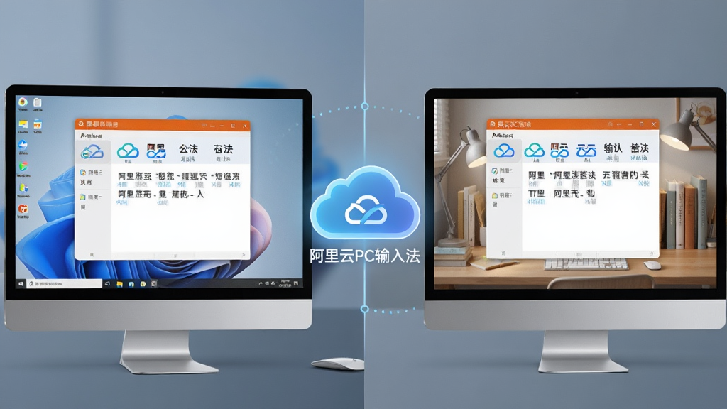 主体:两台并排的电脑显示器,一台显示办公桌面,一台显示家庭书桌,屏幕中均有阿里云PC输入法的悬浮窗。布局:画面采用左右分割构图,中间用发光的云朵图标连接,象征数据同步。排版:两台显示器大小一致,云朵图标位于画面中心视觉焦点。风格:写实与科技感结合,色调为蓝灰渐变。细节:两台屏幕上的输入法候选词相同,工具栏样式一致,云朵图标下方有“阿里云PC输入法”文字。画质:高分辨率渲染,光影自然,干净无多余元素。