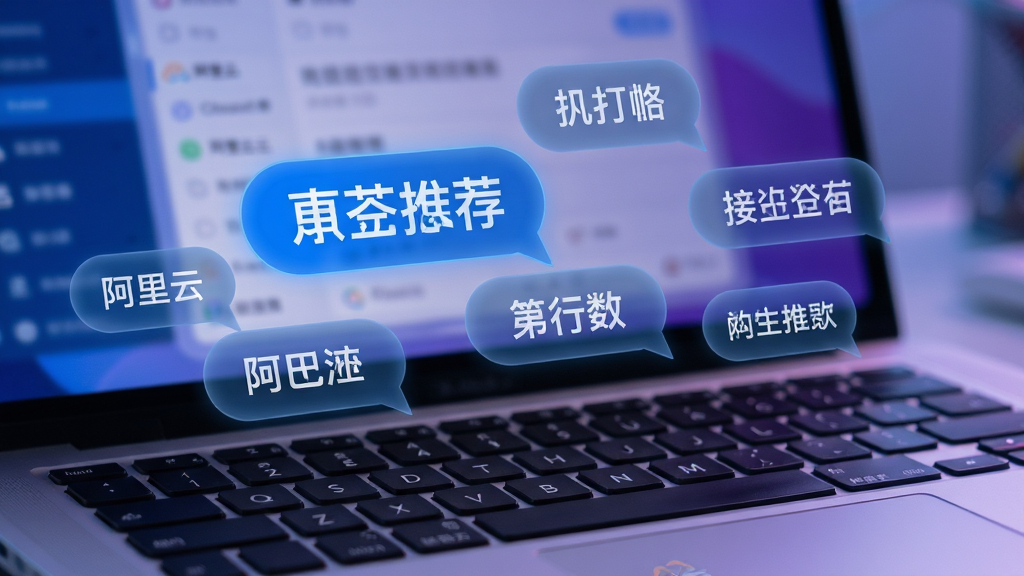 主体:一个笔记本电脑键盘的特写,屏幕上方悬浮出多个蓝色半透明候选词气泡,第一个候选词高亮显示。布局:键盘占据画面下部三分之一,悬浮气泡从键盘上方延伸至屏幕中央。排版:气泡排列整齐,大小不一,突出第一个推荐词。风格:科技感UI风格,蓝紫色调为主,背景虚化处理。细节:气泡内文字清晰,包含中文词语和短语,键盘按键上隐约有“阿里云”logo。画质:高清晰度,景深效果自然,干净无多余元素。