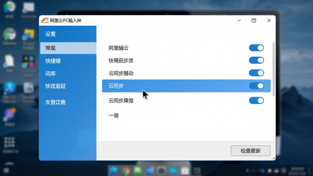 主体:电脑屏幕截图,显示阿里云PC输入法的“设置”界面,左侧导航栏有“常规”、“快捷键”、“词库”等选项,右侧有开关按钮。布局:界面居中,周围有模糊的桌面背景。排版:界面元素排列整齐,有清晰的标题栏。风格:扁平化UI风格,蓝白配色。细节:鼠标指针悬停在“云同步”选项上,界面下方有“检查更新”按钮。画质:清晰锐利,色彩准确,干净无多余元素。