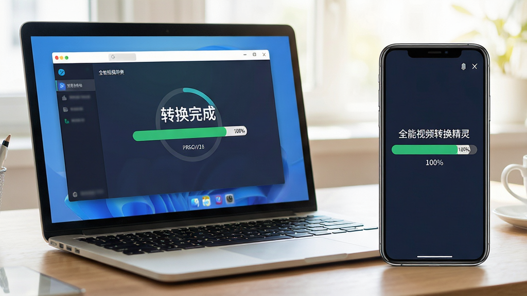 主体:一台笔记本电脑旁放着一部智能手机,屏幕中显示全能视频转换精灵的转换进度条,进度条达到100%。布局:电脑与手机并排,视觉焦点在电脑屏幕上的软件界面。排版:画面清晰,突显转换完成的提示。风格:生活化场景,光线明亮。细节:电脑屏幕出现