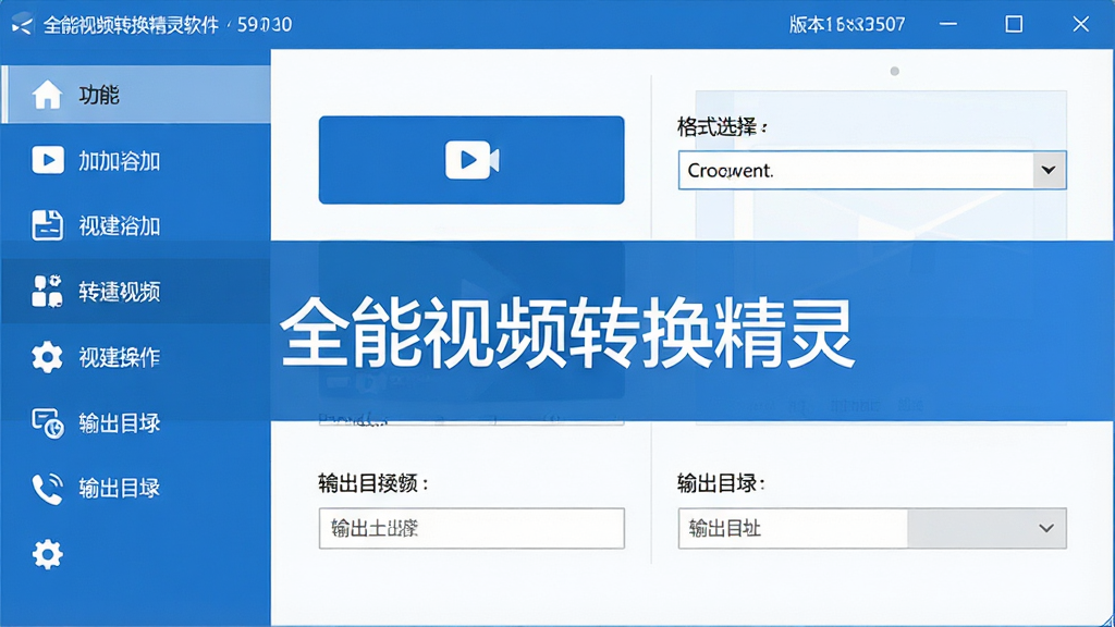 主体:全能视频转换精灵软件主界面,展示其简洁的转换功能布局,界面包含视频添加按钮、格式选择下拉菜单、输出目录设置区域,界面中央有