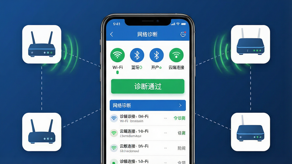 ���壺һ���ֻ����������Ƽ��ǿ�App�ġ�������ϡ�ҳ�棬������ʾWi-Fi�ź����������ѿ������ƶ�����״̬Ϊ��ɫ�����֣��ֻ����У��Ա�ɢ���ż��������豸ͼ�꣨·���������أ����������߱�ʾ���ӳɹ����Ű棺���ҳ���Ϸ����ĸ�Բ��״̬ͼ�꣬�·�Ϊ��־�б�����񣺼��������������ݿ��ӻ�������ϸ�ڣ���Ļ���С����ͨ����������·��������΢������ɫ���ݲ��ơ����ʣ�дʵ��Ⱦ���ɾ����޶���Ԫ�ء�