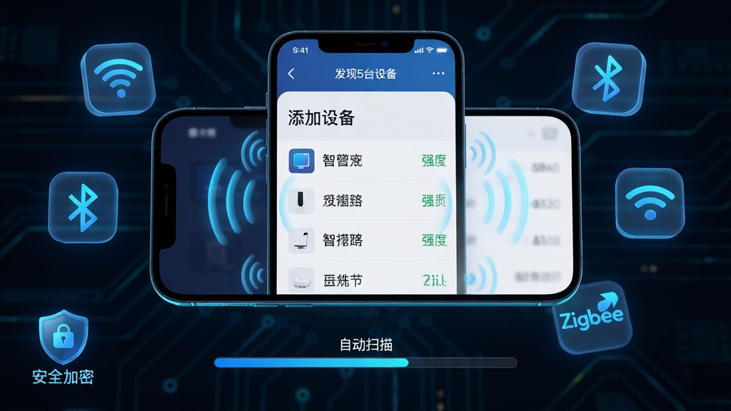 ���壺�Ƽ��ǿ�App�ġ������豸�����棬�ֻ�����չʾ����ΧƯ����Wi-Fi��������Zigbee�Ȳ�ͬЭ�����ɫ��͸��ͼ�ꡣ���֣��ֻ�������У�Э��ͼ�껷���ֻ����У��·��С��Զ�ɨ�衱�Ľ��������Ű棺���涥����ʾ������5̨�豸�����в����б���ʽ�г��豸���ƺ��ź�ǿ�ȡ������ɫ�Ƽ����������޺�����Ч��͹�����ݴ���С�ϸ�ڣ��źŲ��ƴ��豸ͼ��������ɢ���������½���һ������ȫ���ܡ���С���Ʊ�ʶ�����ʣ��߾���3D��Ⱦ������ɾ����޶���Ԫ�ء�