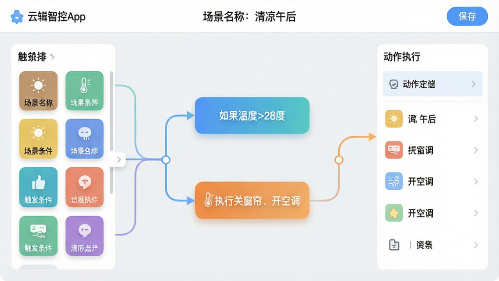 ���壺�Ƽ��ǿ�App�ڵġ��������š��༭ҳ�棬������ͼ��ʽչʾ������¶�>28�ȡ��롰ִ�йش��������յ������߼����ߡ����֣�����ͼռ�������棬���Ϊ����ק�Ĵ�������ͼ��⣬�Ҳ�Ϊ����ִ���б����Ű棺�������ǳ��ɫ�������߼��ڵ��ò�ɫԲ�Ǿ��α�ʾ��������������������ִ�����ƽ��ƣ����������Ӱ��ɫ�����¡�ϸ�ڣ������Ϸ���ʾ���������ƣ�������󡱣����Ͻ��С����桱��ť�����ʣ�ʸ����񣬻���ɾ����޶���Ԫ�ء�