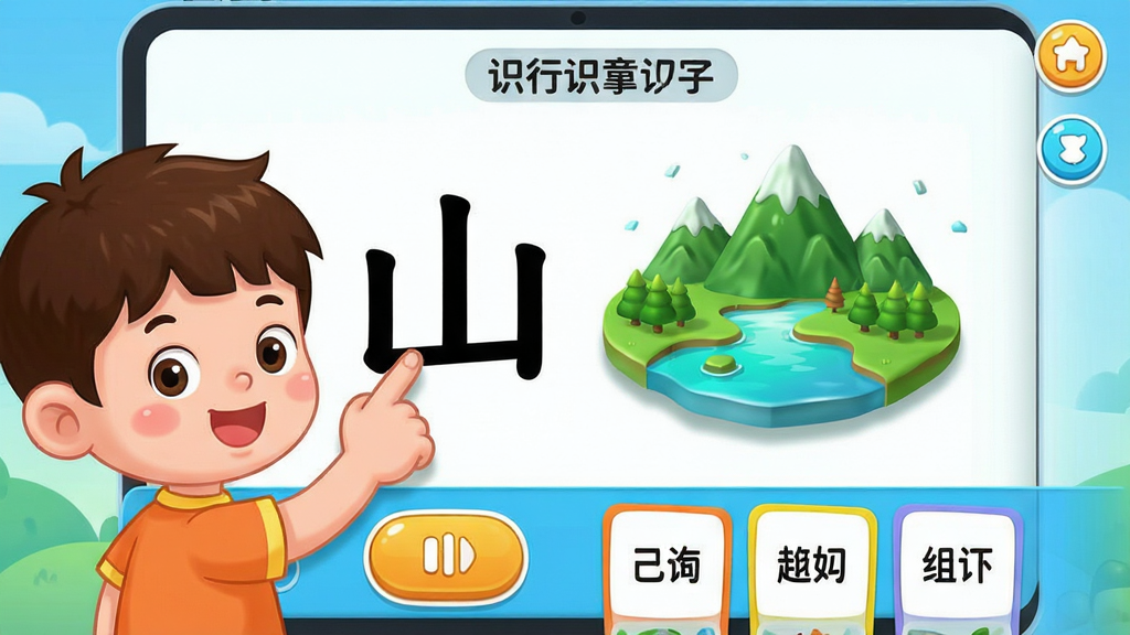 ��ͯʶ������������ѧϰ���棬������һ����ͨ�к�����ָ�㴥��Ļ�ϵġ�ɽ���֣������Ա߸��ֳ���ɽ��ˮ�����嶯���������·��з�����ť����ʿ�Ƭ��������ͯȤ�ɰ���ɫ�����ޣ����ּ�����ˣ��Ű���ˬ�����ʸ���ɾ����޶���Ԫ��