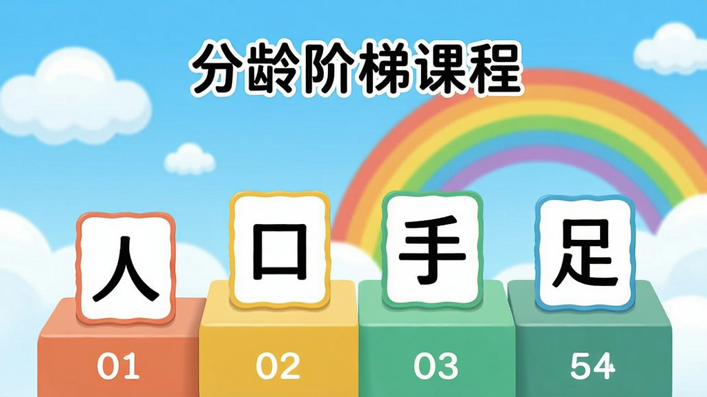 ��ͯʶ���ֿγ�ѡ����棬�����Խ���ʽ���չʾ�ĸ�ѧϰ�׶Σ�ÿ��̨���Ϸ��Ŷ�Ӧ�ĺ��ֿ�Ƭ���硰�ˡ������ڡ������֡������㡱��������������ƺͲʺ磬����������죬�����������Ű����򣬻��ʸɾ������ֱ�ע��������ݿγ̡�