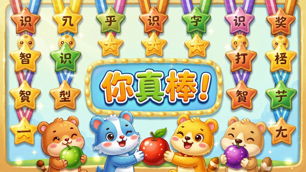 ��ͯʶ���ֽ���ѫ��ǽ���棬������һ��ǽ�Ϲ�����������ɫ������ѫ�£��·��п�ͨС���������ǻ۹���������ʾ�������������������������ÿɰ������ֱ������Ű����룬����ϸ�壬�޶���Ԫ��
