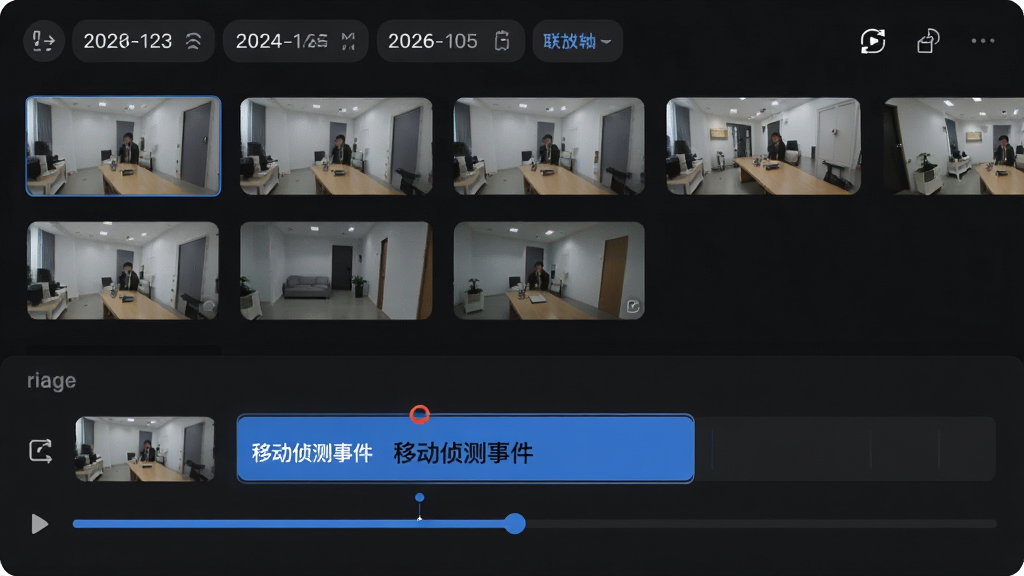 联了么应用的时间轴回放界面,屏幕上方显示日期选择器与录像缩略图列表,下方为带有高亮片段的进度条,高亮部分标记为“移动侦测事件”。界面以深色背景高亮显示视频画面,风格专业,排版清晰,画质高清,干净无多余元素。