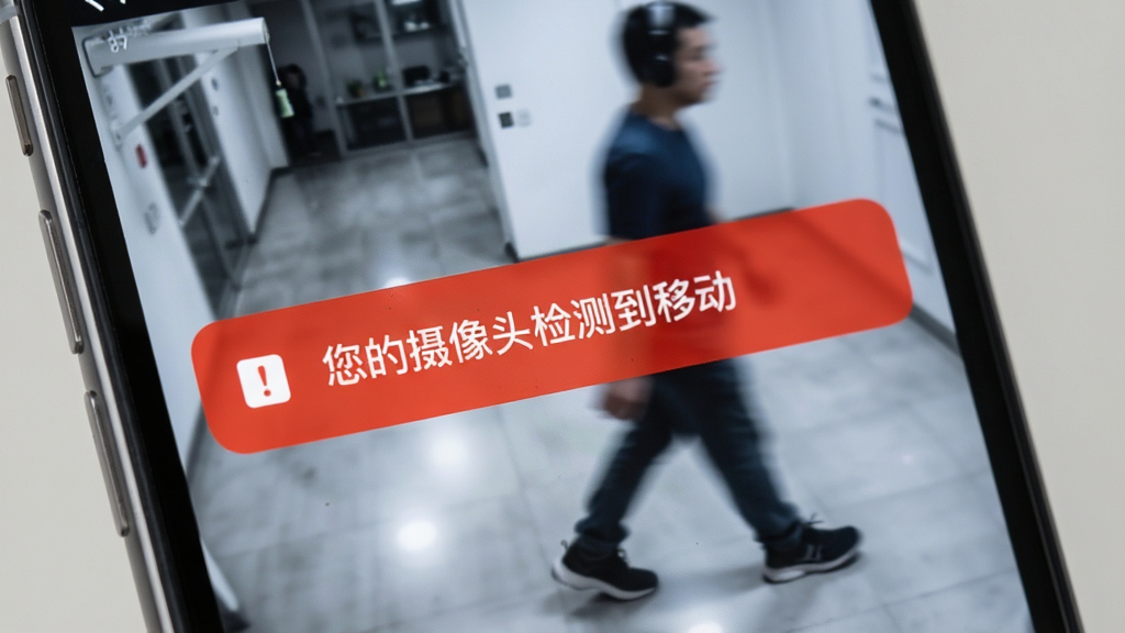 联了么应用在手机上弹出报警通知的界面特写,通知横幅显示“您的摄像头检测到移动”,背景为模糊的监控画面中有人影走过。手机界面以浅色为主,通知横幅采用红色警示色,风格简洁,重点突出,画质干净,无多余元素。