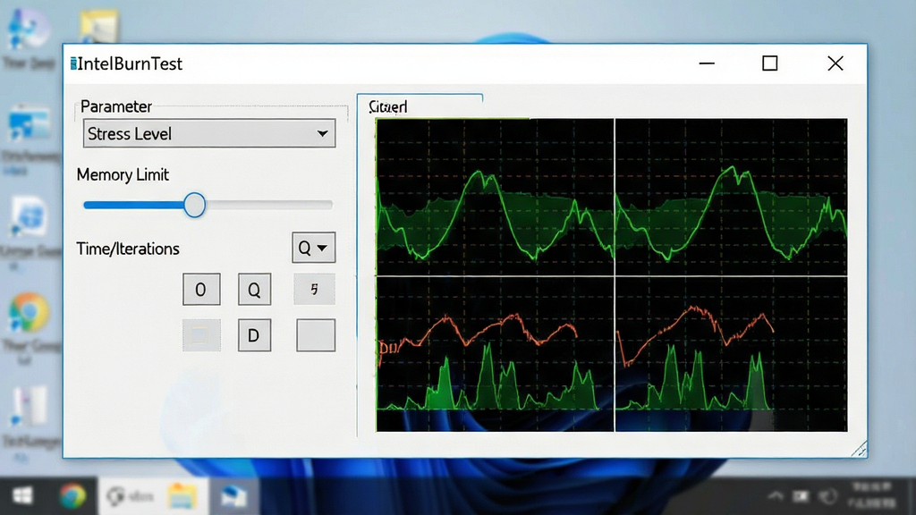 һ�ŵ�����Ļ��дͼ������ΪIntelBurnTest������Windows����������ʱ�Ĵ��ڣ����ְ������������������Ҳ�ʵʱ���ͼ�������Ϊ��ƽ��UI��ƣ�ϸ�ڴ��ڱ�������ʾIntelBurnTest�������·���Stress Level�����˵���Memory Limit���顢Time/Iterations���ÿ򣬱���Ϊģ���������ֽ������ɫ���������������ʸɾ��޶���Ԫ��