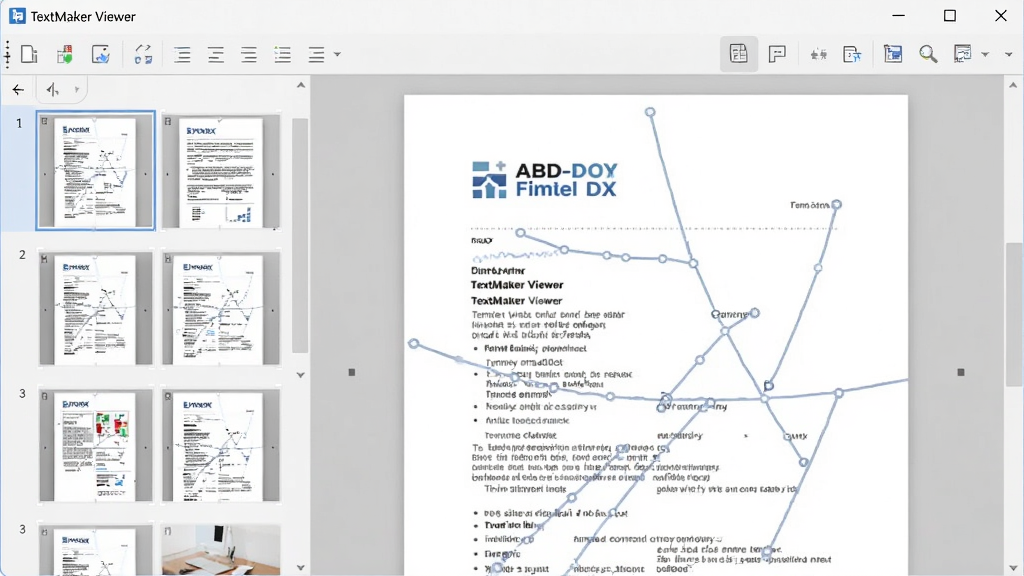 TextMaker Viewer �����������ͼ����ʾһ���򿪵�DOCX�ĵ��������ҳ������ͼ���������м��Ĺ��߰�ť���������ɾ����࣬�ִ���ƽ����Ʒ�񣬸߷ֱ��ʣ������������޶���Ԫ��