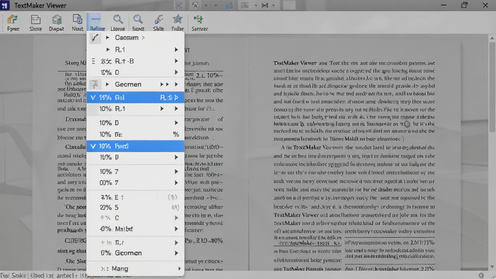 TextMaker Viewer ��ҳ�����Ų˵�չ������ʾ��ͬ�����Űٷֱȣ�������һ��˫���Ű��ѧ�������ĵ����������������ɫ������ʾ��ǰ���ż��𣬻����������޶���Ԫ��