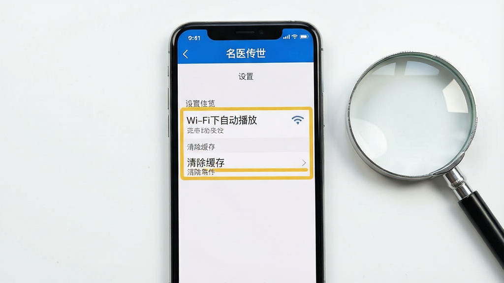 һ�������ֻ��Ľ���ͼƬ����Ļ��ʾ����ҽ������APP������ҳ�棬ҳ�����С�Wi-Fi���Զ����š��͡�������桱��ѡ�������ѡ�У��ֻ��Ա߷���һ���Ŵ󾵵��ߡ�����Ϊ�ֻ���Ļ���У�������ࡣ���Ϊ�����Ľ�ѧָ��ͼ���ϸ����ͻ������ѡ�������˵�������ʸɾ��������޶���Ԫ�ء�