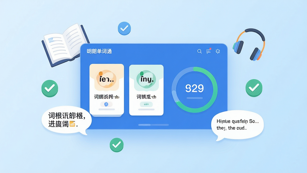 画面主体为“明朗单词通”软件界面悬浮于干净浅蓝渐变背景中央,界面展示单词卡片与进度环,周围点缀书本、耳机、对勾等学习元素,布局居中,排版留白舒适,扁平化插画风格,细节包含词根拆解与例句气泡,画质高清,干净无多余元素