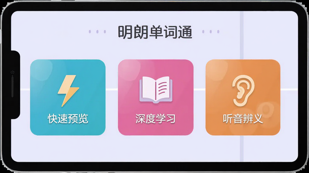 图片主体为“明朗单词通”的学习模式选择界面,屏幕上并列展示“快速预览”“深度学习”“听音辨义”三个彩色按钮,背景为淡紫色,布局三列均分,排版清晰,扁平化图标风格,细节包含每个模式下的微小图标如闪电、书本、耳朵,画质高清,无多余元素