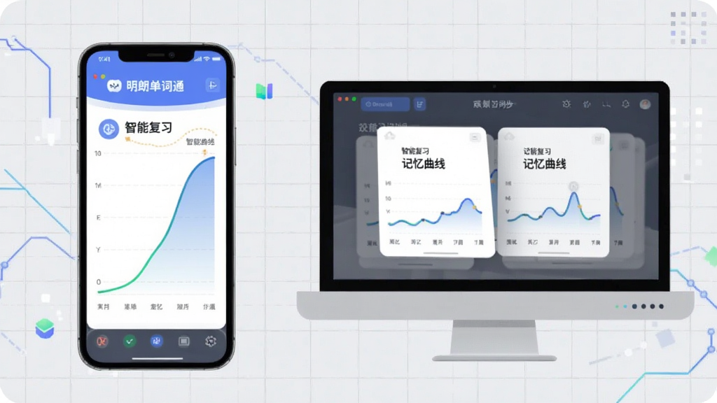 图片主体为“明朗单词通”在手机与电脑上的双端同步界面,左侧显示记忆曲线图表,右侧展示单词卡片翻转动画,背景为浅灰色网格,布局左右呼应,排版简洁,科技感扁平风格,细节突出“智能复习”与“记忆曲线”字样,画质清晰,无多余元素
