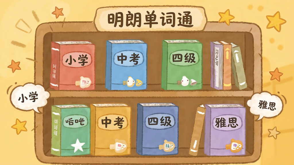 图片主体为“明朗单词通”的词书库界面,书架造型上摆放多本标有“小学”“中考”“四级”“雅思”等字样的彩色词书,背景为暖黄色,布局采用书架排列式,排版错落有致,手绘扁平风格,细节包含单词气泡与星星装饰,画质柔和,干净无杂物